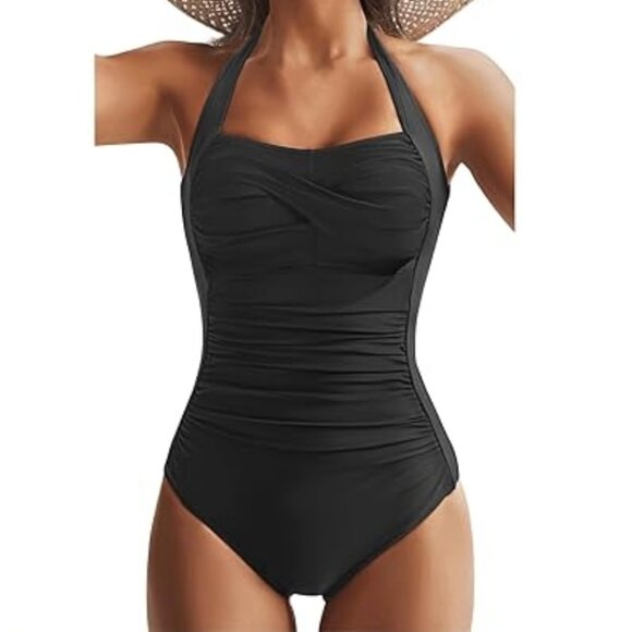 Retro Style One Piece Swimsuit Tummy Control Bathing Suit Push up Full Circle - Picture 1 of 8